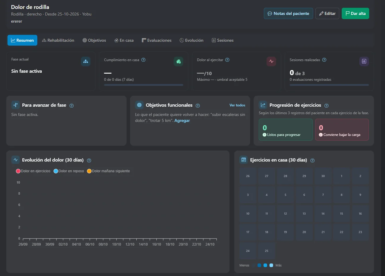 Software para kinesiólogos: resumen del caso de un paciente en YobuKine con dolor, fases y ejercicios en casa